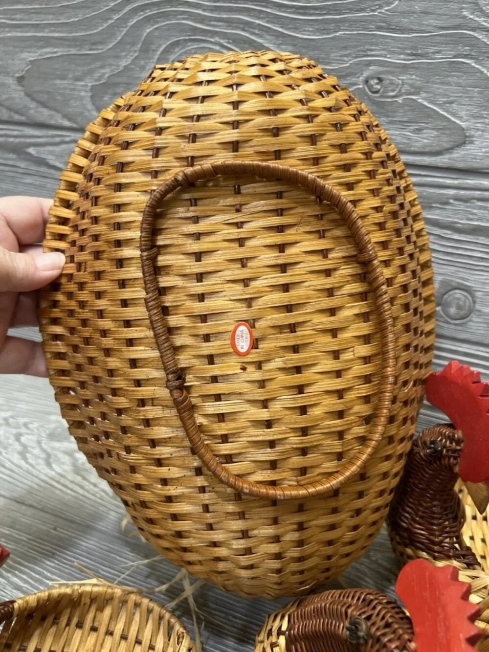 Vintage Nesting Rattan Baskets Chickens Roosters Set of 4 Farmhouse Decor 1970s